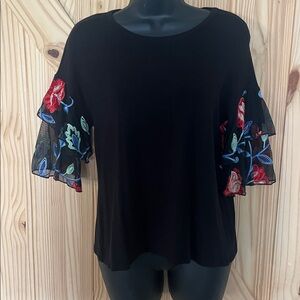 Kim & Cami Black Blouse with Floral Embroidered Sleeves